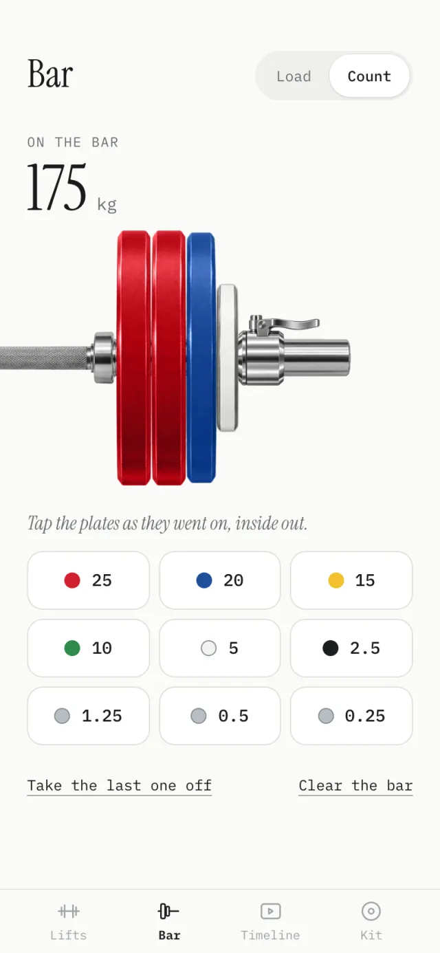 Count mode: plates tapped onto the bar, with the total weight worked out.