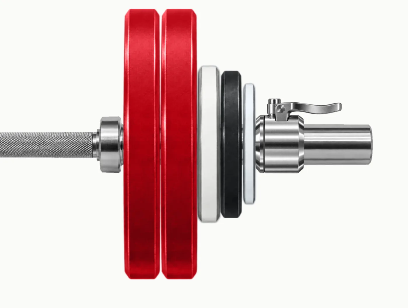 A barbell sleeve loaded for 142.5 kg: two red 25 kg plates, a white 5, a black 2.5 and a 1.25, then the collar.