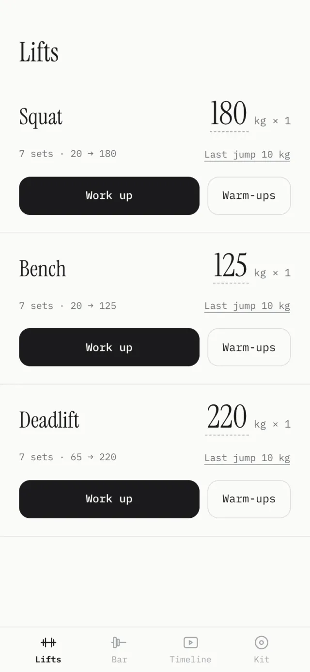 The Lifts screen: squat 180 kg, bench 125 kg and deadlift 220 kg, each with a Work up button and its warm-ups.