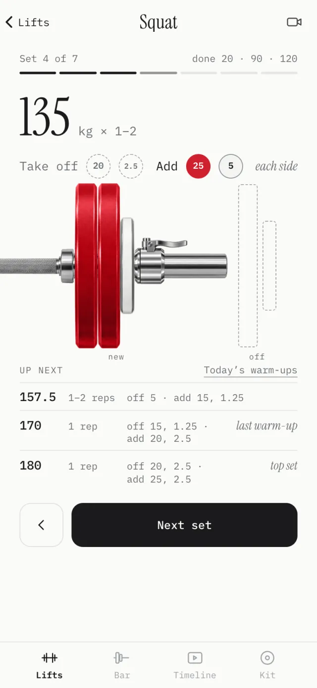 Work Up on set 4 of 7 of a squat: 135 kg for 1 to 2 reps. Take off the 20 and 2.5, add a 25 and a 5, each side. The bar is drawn loaded, with the next sets listed below.